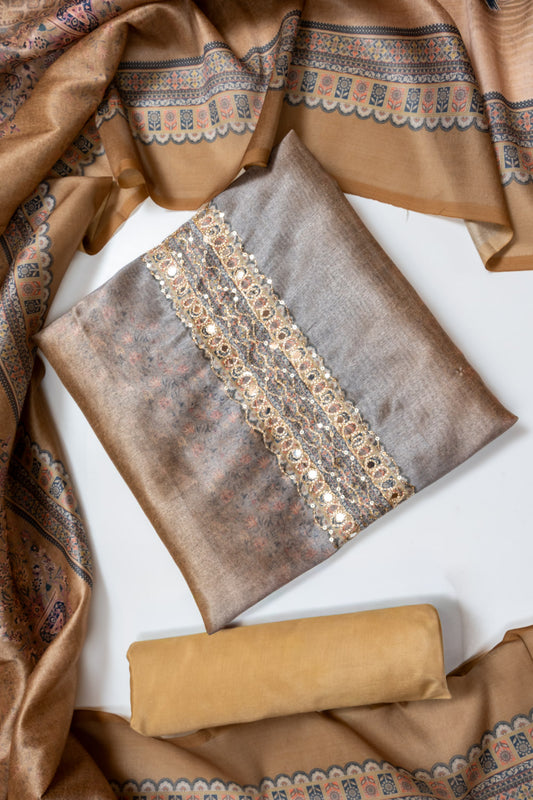 Olive Soft Twill Unstitched Salwar Suit With Soft Twill Dupatta