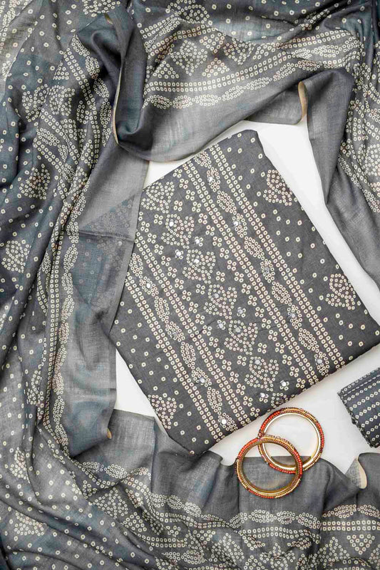 Grey Cotton Unstitched Salwar Suit With Cotton Dupatta