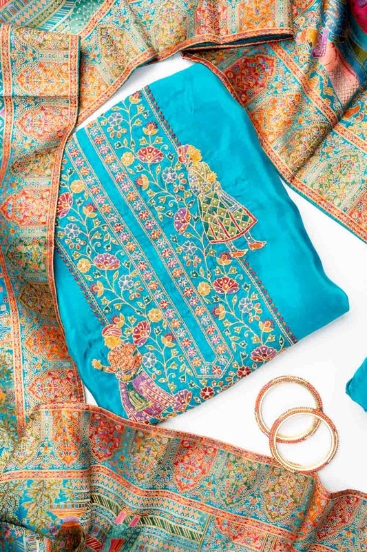 Rama Organza Unstitched Salwar Suit With Dola Silk Dupatta