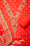 Red Cotton Unstitched Salwar Suit With Cotton Dupatta