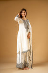 White Chinon Readymade Suit And Palazzo With Chinon Dupatta