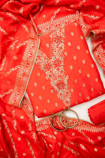 Red Cotton Unstitched Salwar Suit With Cotton Dupatta
