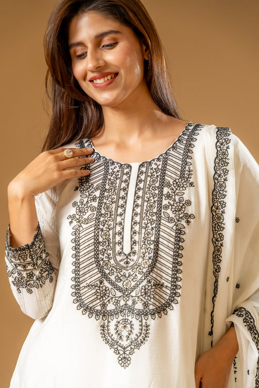 White Chinon Readymade Suit And Palazzo With Chinon Dupatta