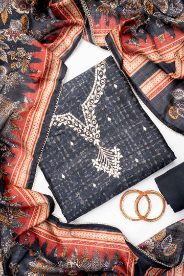 Black Cotton Unstitched Salwar Suit With Cotton Dupatta