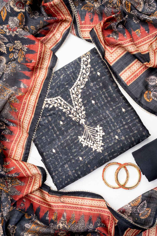 Black Cotton Unstitched Salwar Suit With Cotton Dupatta