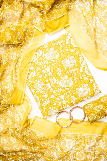 Mustard Cotton Unstitched Salwar Suit With Cotton Dupatta