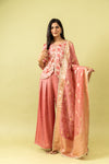 Dark Gajari Cotton Readymade Suit And Palazzo With Organza Dupatta