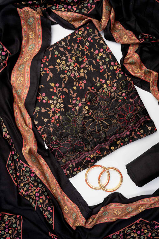 Black Pashmina Unstitched Salwar Suit With Pashmina Dupatta