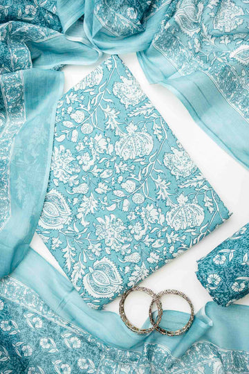 Sky Blue Cotton Unstitched Salwar Suit With Cotton Dupatta