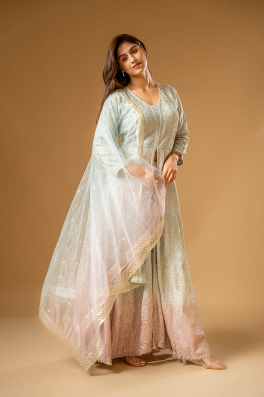 Tea-green Georgette Readymade Suit And Pant With Net Dupatta