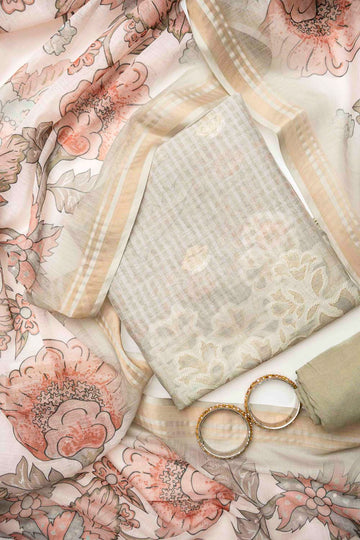 Olive Cotton Unstitched Salwar Suit With Cotton Dupatta