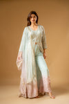 Tea-green Georgette Readymade Suit And Pant With Net Dupatta