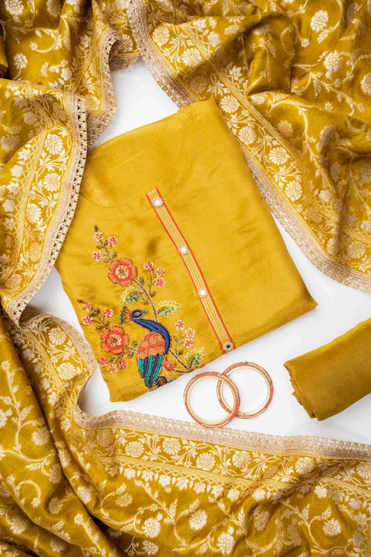 Mehndi Crepe Tissue Unstitched Salwar Suit With Tissue Dupatta