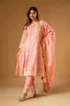Gajari Shimmer Readymade Suit And Pant With Chinon Dupatta