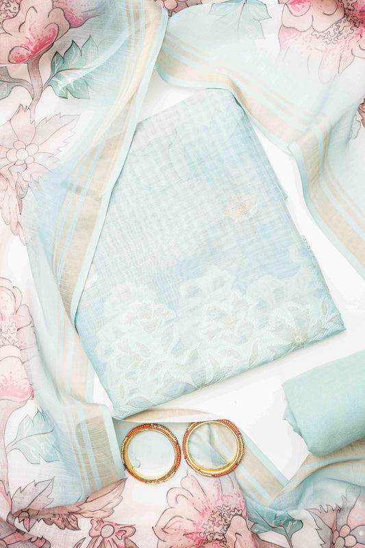 Tea Green Cotton Unstitched Salwar Suit With Cotton Dupatta