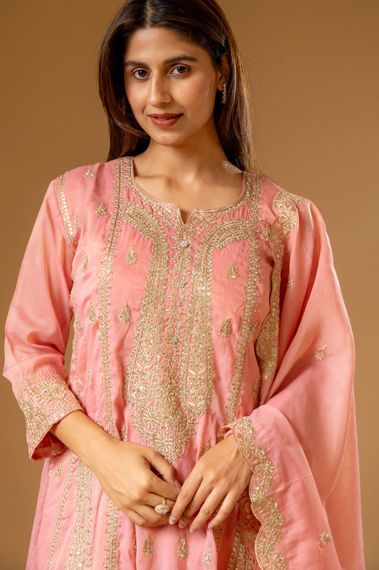 Gajari Shimmer Readymade Suit And Pant With Chinon Dupatta