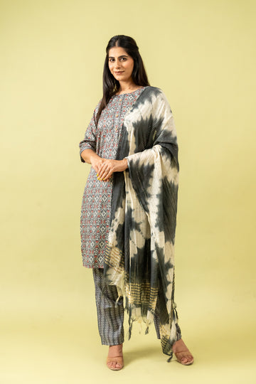 Grey Cotton Readymade Suit And Pant With Cotton Dupatta