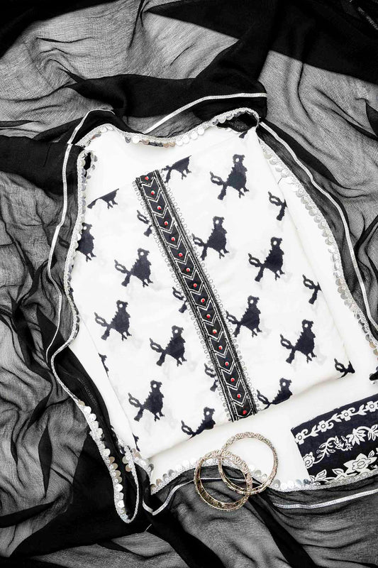 Black Cotton Unstitched Salwar Suit With Cotton Dupatta