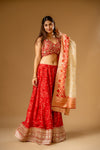 Red Chinon Readymade Sharara Set With Organza Dupatta