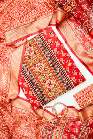 Maroon Cotton Unstitched Salwar Suit With Cotton Dupatta