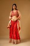 Red Chinon Readymade Sharara Set With Organza Dupatta