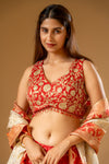 Red Chinon Readymade Sharara Set With Organza Dupatta