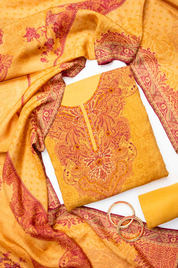 Mustard Pashmina Unstitched Salwar Suit With Pashmina Dupatta