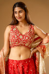 Red Chinon Readymade Sharara Set With Organza Dupatta