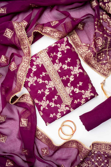 Garnet Dola Unstitched Salwar Suit With Organza Dupatta