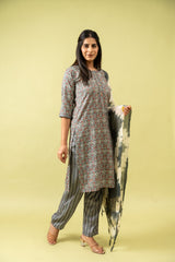 Grey Cotton Kurti And Pant With Cotton Dupatta