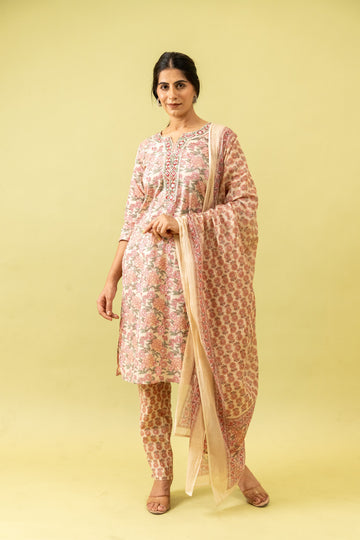 White Cotton Readymade Suit And Pant With Cotton Dupatta