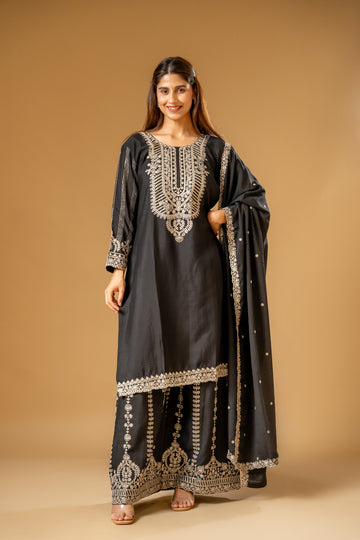 Black Chinon Readymade Suit And Palazzo With Chinon Dupatta