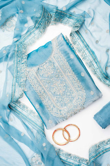 Sky Blue Organza Unstitched Salwar Suit With Chiffon Dupatta