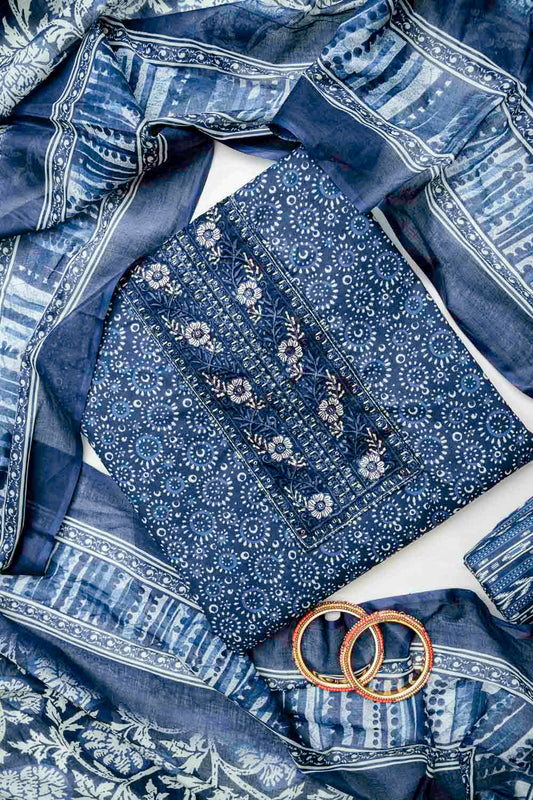 Navy Blue Cotton Unstitched Salwar Suit With Cotton Dupatta