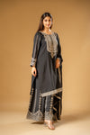 Black Chinon Readymade Suit And Palazzo With Chinon Dupatta