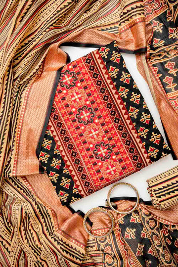 Black Cotton Unstitched Salwar Suit With Cotton Dupatta