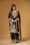 Black Chinon Readymade Suit And Palazzo With Chinon Dupatta