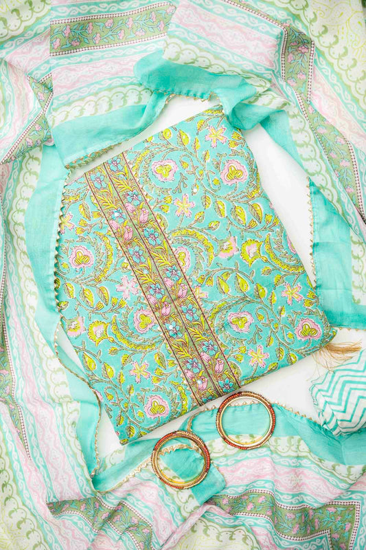 Tea Green Cotton Unstitched Salwar Suit With Cotton Dupatta