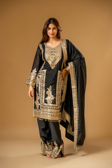 Black Chinon Readymade Suit And Palazzo With Chinon Dupatta
