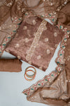 Brown Organza Unstitched Salwar Suit With Chiffon Dupatta