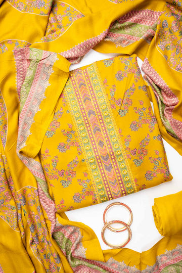 Mustard Pashmina Unstitched Salwar Suit With Pashmina Dupatta