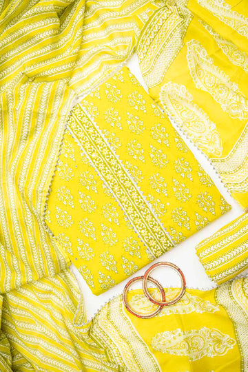 Lemon Gold Cotton Unstitched Salwar Suit With Cotton Dupatta