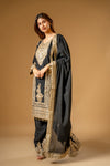 Black Chinon Readymade Suit And Palazzo With Chinon Dupatta