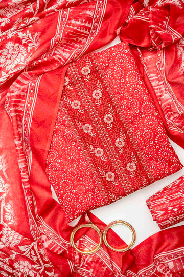 Maroon Cotton Unstitched Salwar Suit With Cotton Dupatta