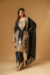 Black Chinon Readymade Suit And Palazzo With Chinon Dupatta