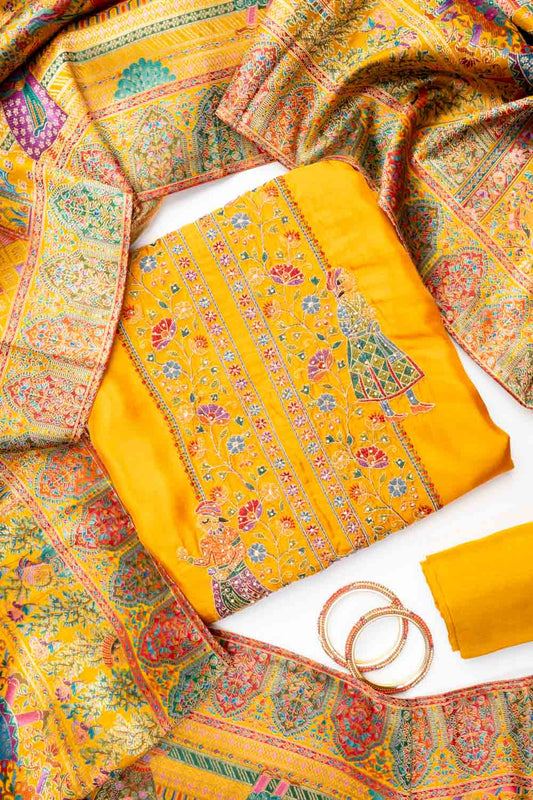 Mustard Organza Unstitched Salwar Suit With Dola Silk Dupatta