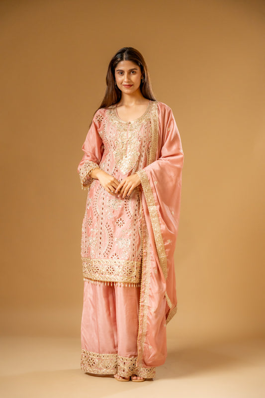 Gajari Chinon Readymade Suit And Palazzo With Chinon Dupatta