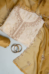 Tussar Mustard Organza Unstitched Salwar Suit With Chinon Dupatta