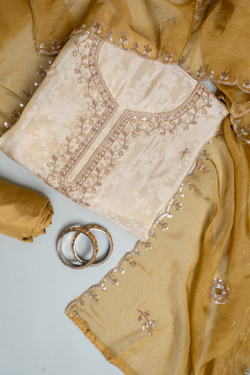 Tussar Mustard Organza Unstitched Salwar Suit With Chinon Dupatta