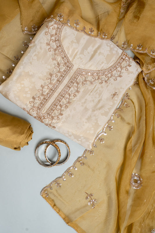 Tussar Mustard Organza Unstitched Salwar Suit With Chinon Dupatta
